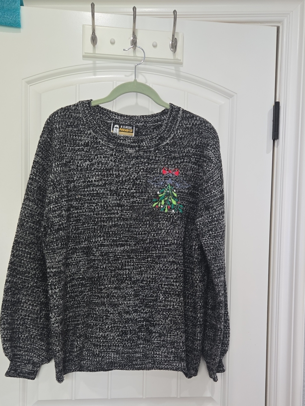 Black Marled Christmas Sweater with Embroidered Tree